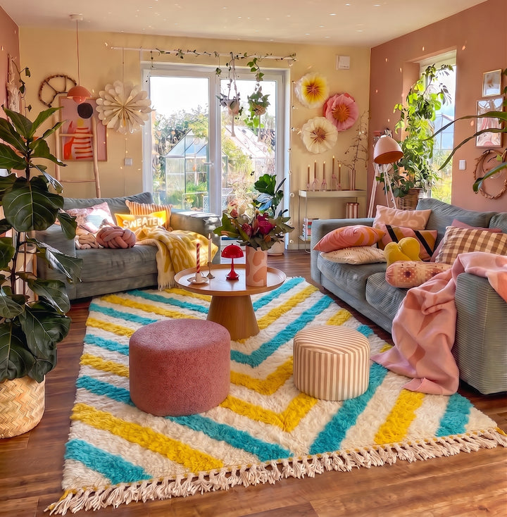 Tapis Beni Ourain personnalisé | Laine crème avec zigzag turquoise et jaune