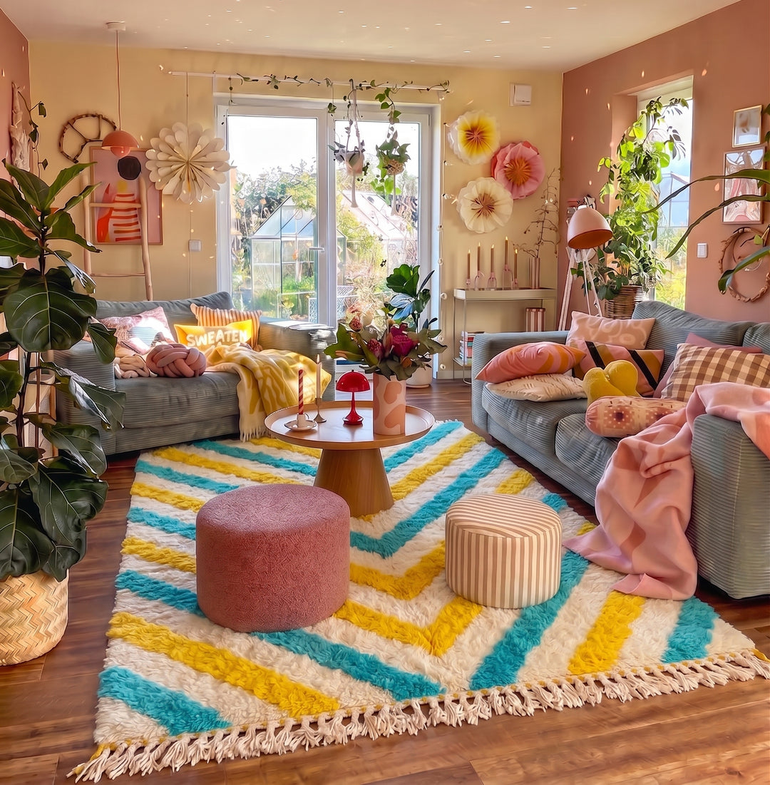 Authentic Custom Beni Ourain Rug  |  Turquoise &amp; Yellow Zigzag