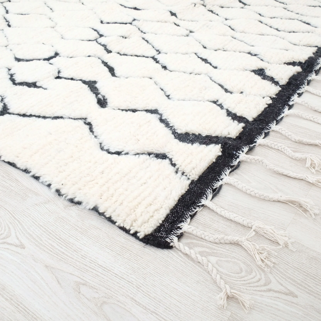Authentic Custom Beni Ourain Rug  | Cream &amp; Charcoal Geometric Shag