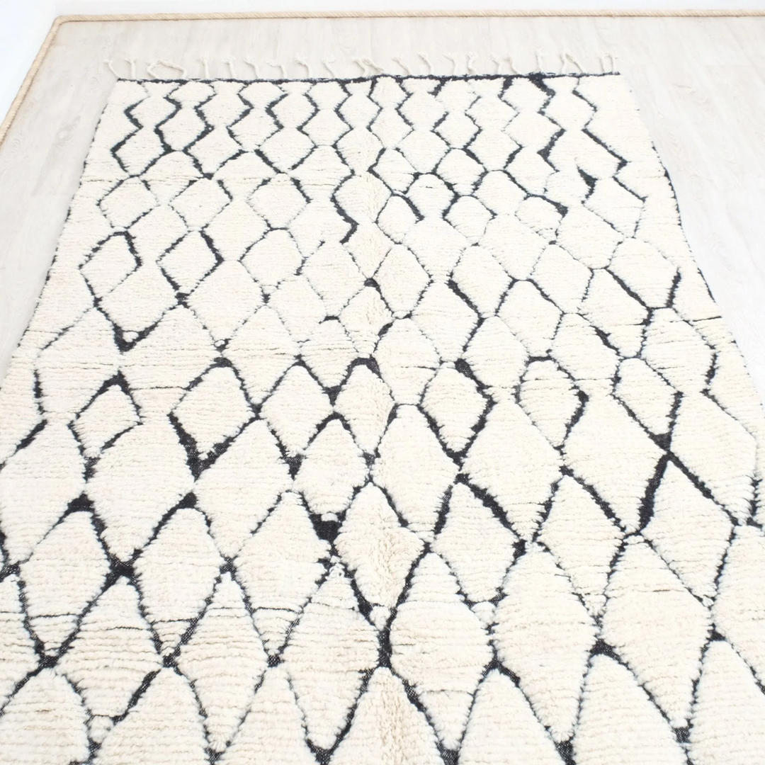 Authentic Custom Beni Ourain Rug  | Cream &amp; Charcoal Geometric Shag