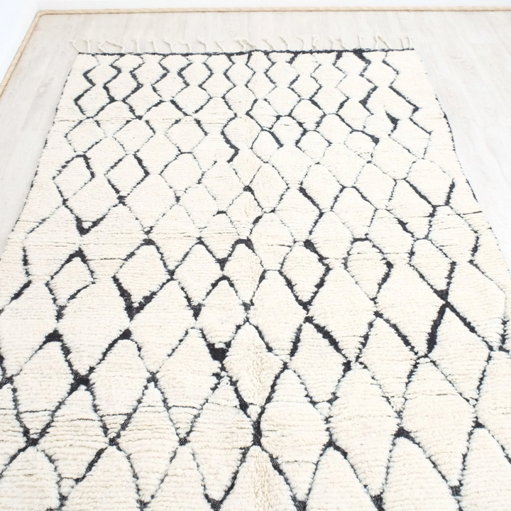 Authentic Custom Beni Ourain Rug  | Cream &amp; Charcoal Geometric Shag