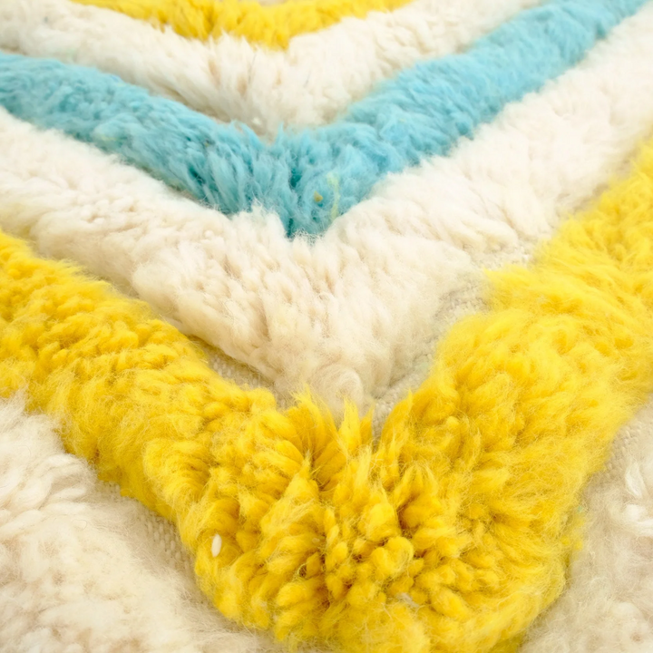 Custom Moroccan Round Rug – Cream Wool with Turquoise &amp; Yellow Zigzag