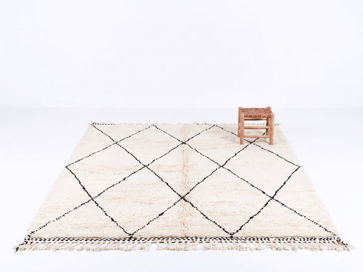 Authentic Custom Beni Ourain Rug | Cream &amp; Charcoal Minimalist Geometric Shag