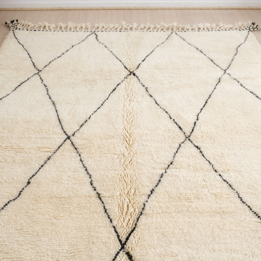 Authentic Custom Beni Ourain Rug | Cream &amp; Charcoal Minimalist Geometric Shag