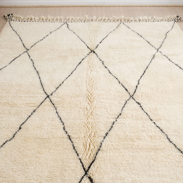 Authentic Custom Beni Ourain Rug | Cream &amp; Charcoal Minimalist Geometric Shag