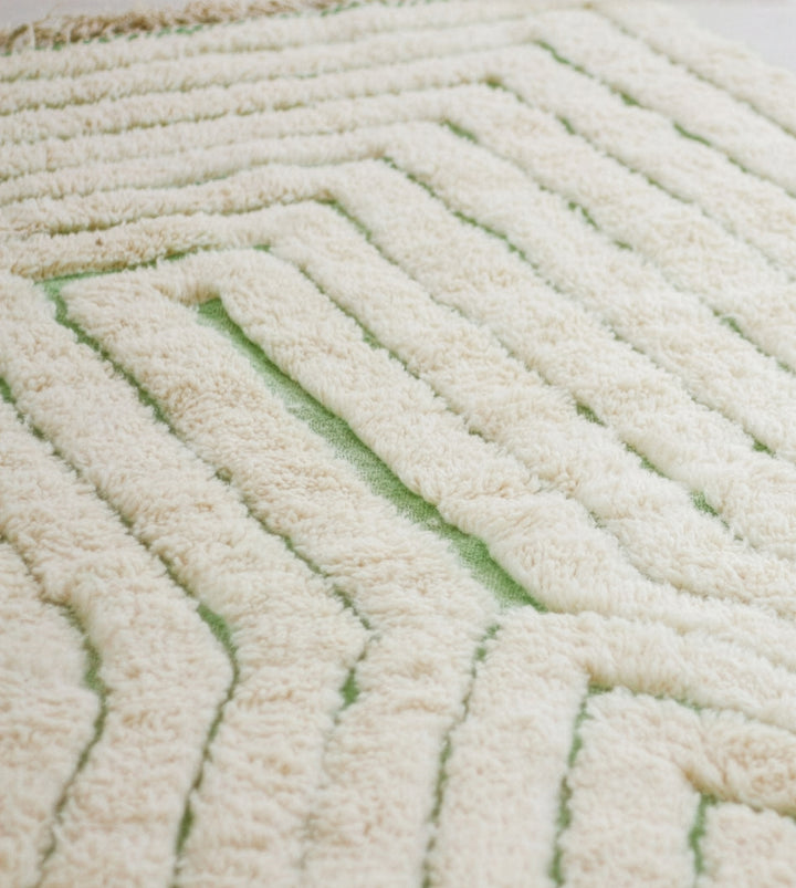 Custom Beni Ourain Rug | Cream &amp; Sage Green Geometric Linear Pattern