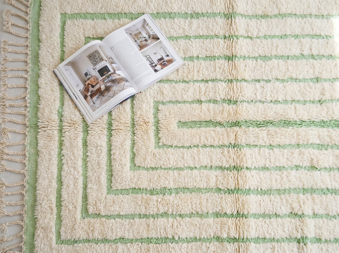 Custom Beni Ourain Rug | Cream &amp; Sage Green Geometric Linear Pattern