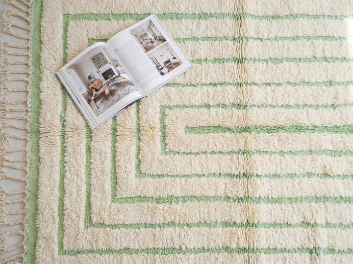 Custom Beni Ourain Rug | Cream &amp; Sage Green Geometric Linear Pattern