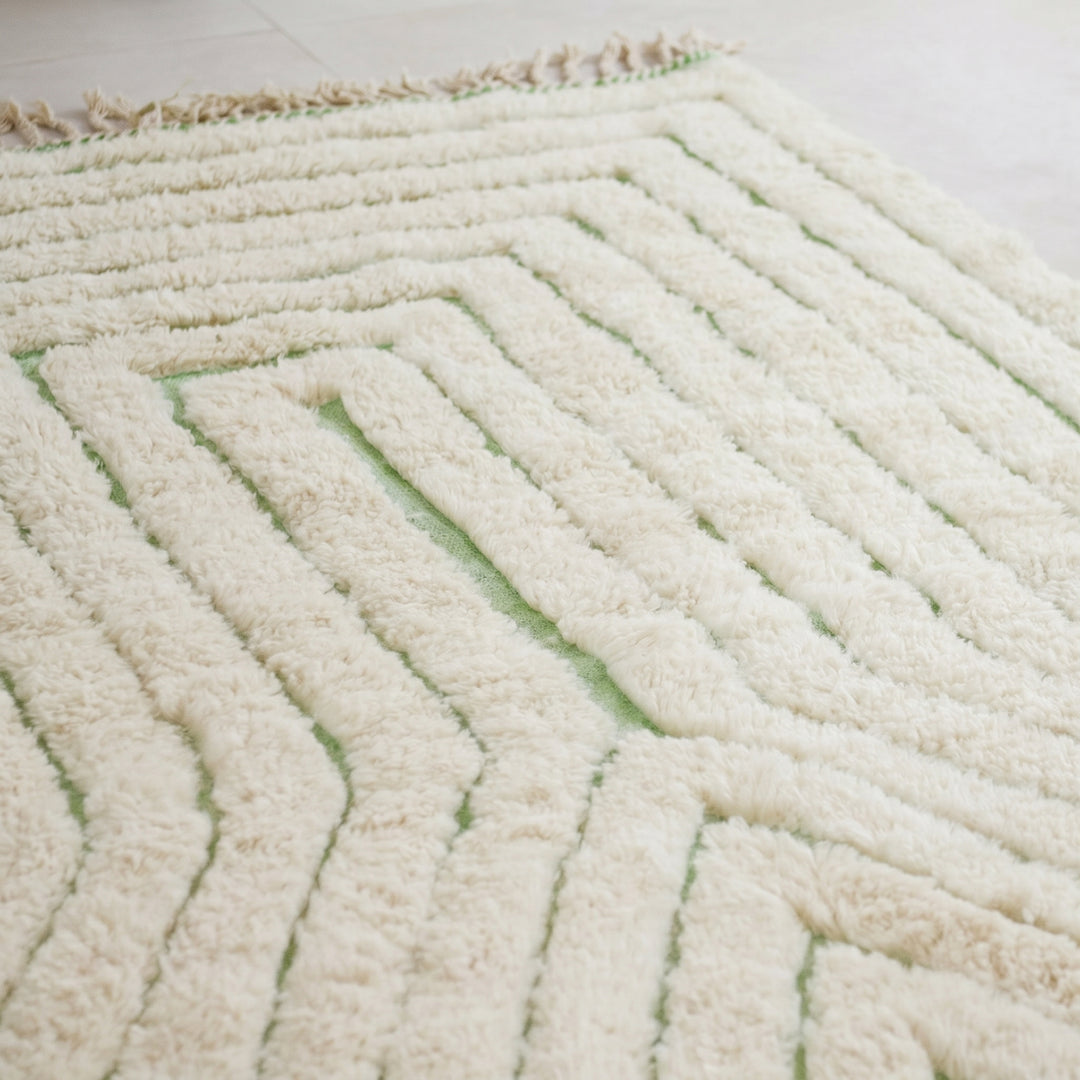 Custom Beni Ourain Rug | Cream &amp; Sage Green Geometric Linear Pattern