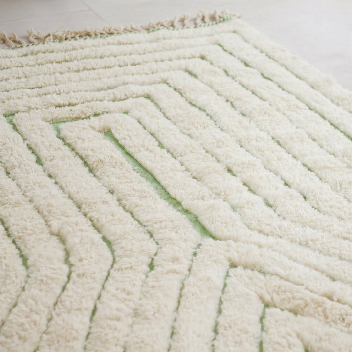 Custom Beni Ourain Rug | Cream &amp; Sage Green Geometric Linear Pattern