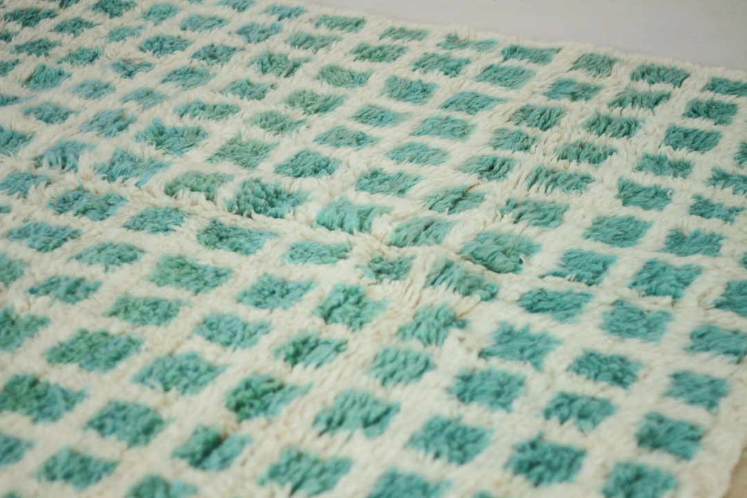 Custom Beni Ourain Rug | Cream &amp; Teal Green Geometric Grid