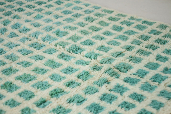 Custom Beni Ourain Rug | Cream &amp; Teal Green Geometric Grid