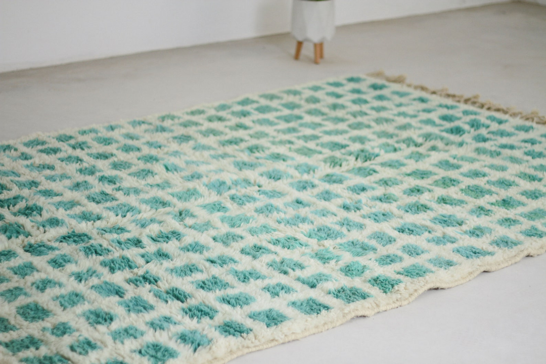 Custom Beni Ourain Rug | Cream &amp; Teal Green Geometric Grid