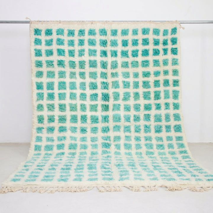 Custom Beni Ourain Rug | Cream &amp; Teal Green Geometric Grid