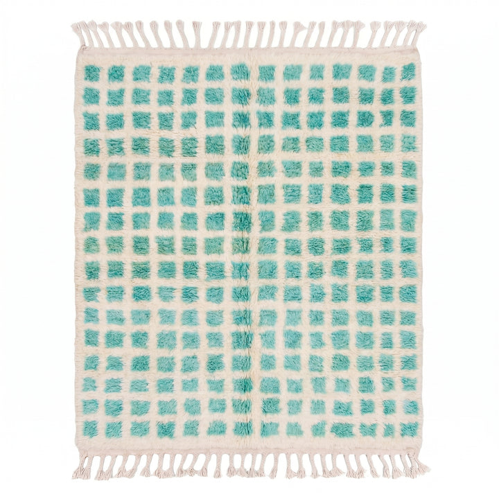 Custom Beni Ourain Rug | Cream &amp; Teal Green Geometric Grid