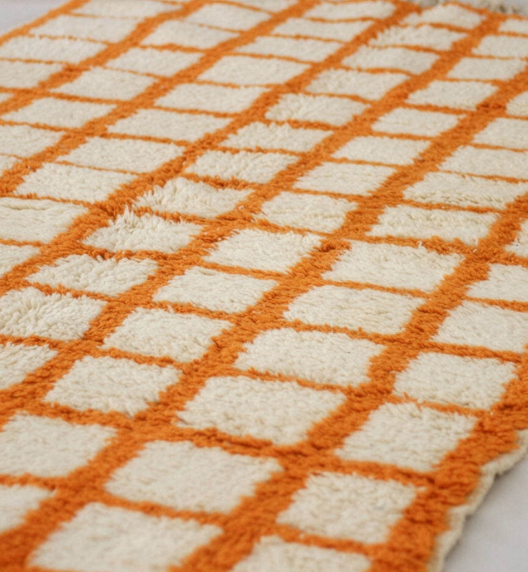 Custom Beni Ourain Rug | Cream &amp; Vibrant Orange Geometric Grid