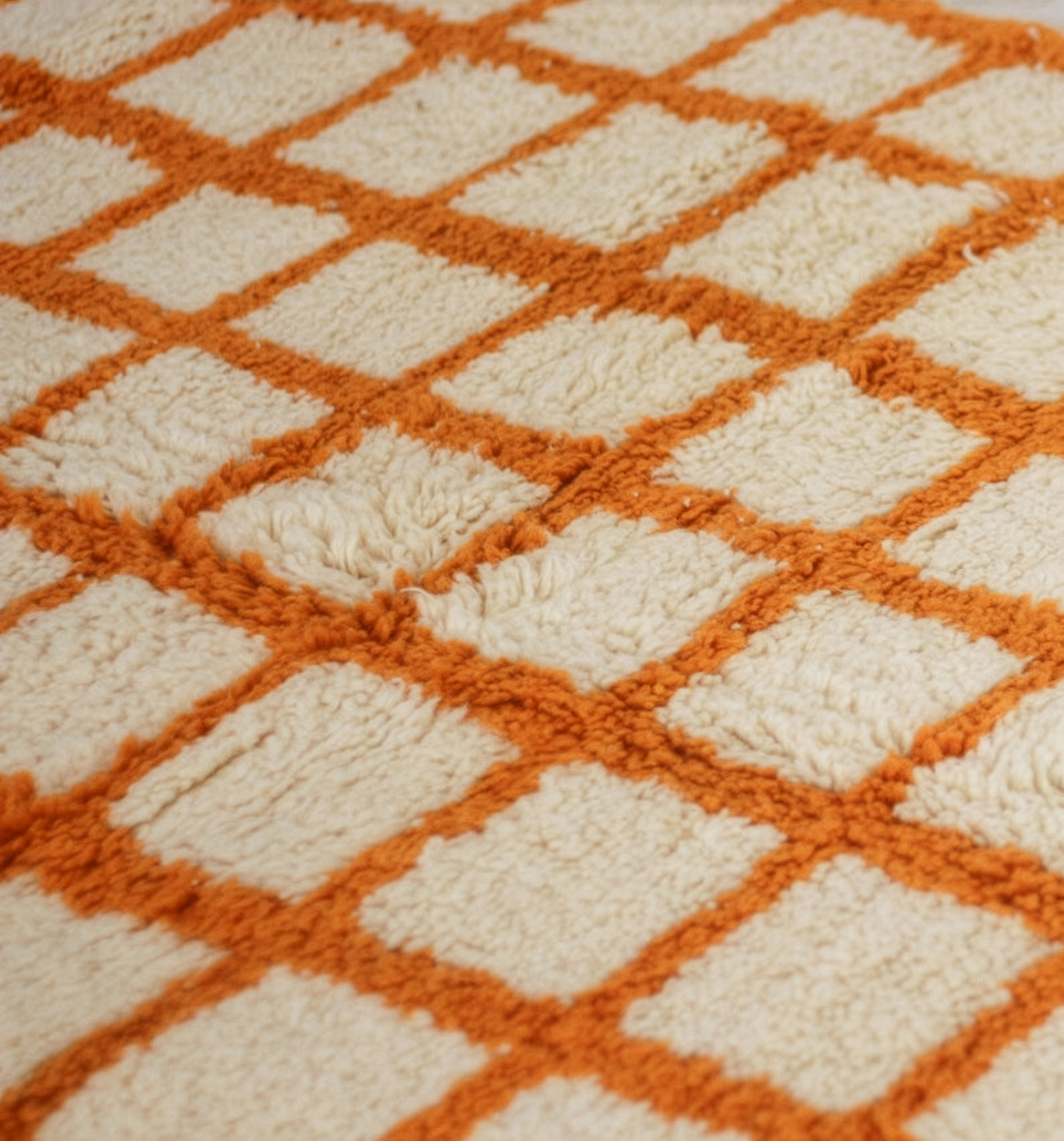 Custom Beni Ourain Rug | Cream &amp; Vibrant Orange Geometric Grid