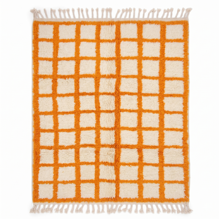 Custom Beni Ourain Rug | Cream &amp; Vibrant Orange Geometric Grid