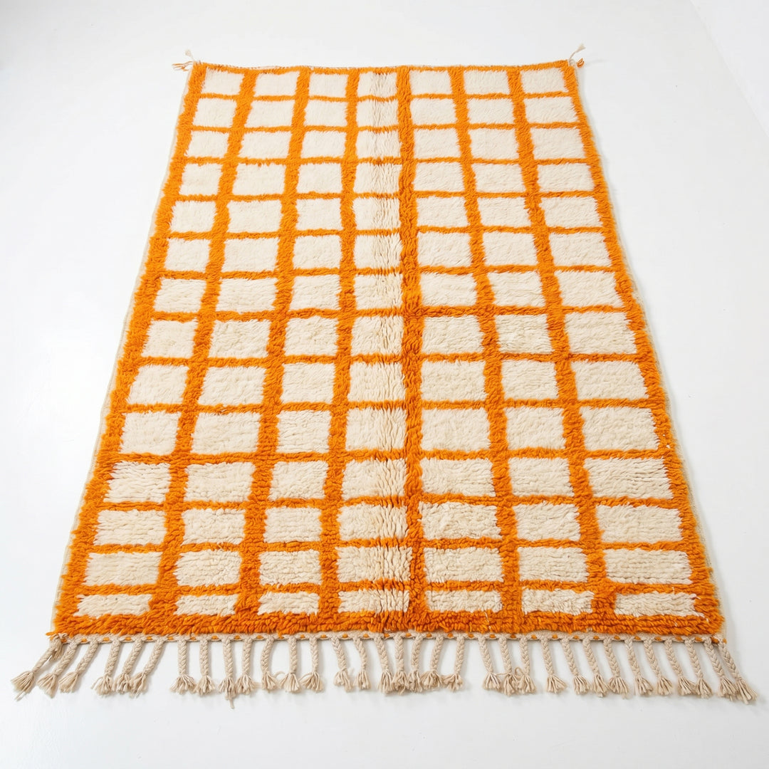 Custom Beni Ourain Rug | Cream &amp; Vibrant Orange Geometric Grid