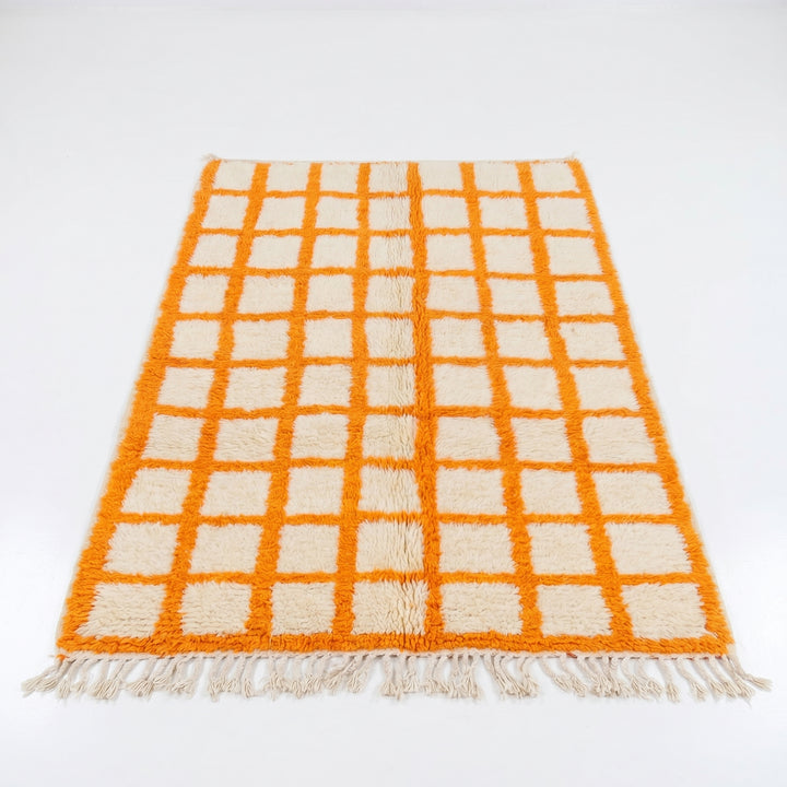 Custom Beni Ourain Rug | Cream &amp; Vibrant Orange Geometric Grid