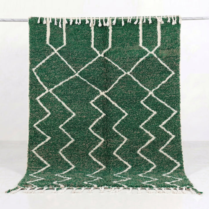Authentic Custom Beni Ourain Rug | Green &amp; Cream Zigzag