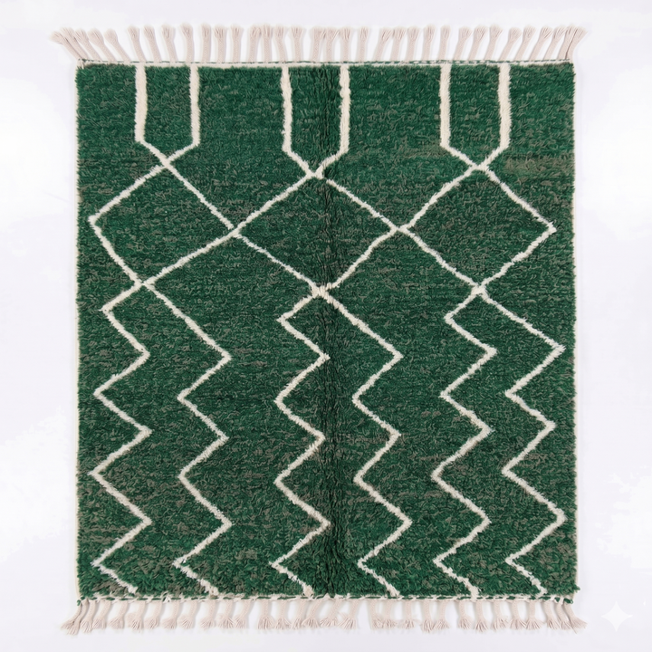 Tapis Beni Ouarain sur mesure | Zigzag vert et crème