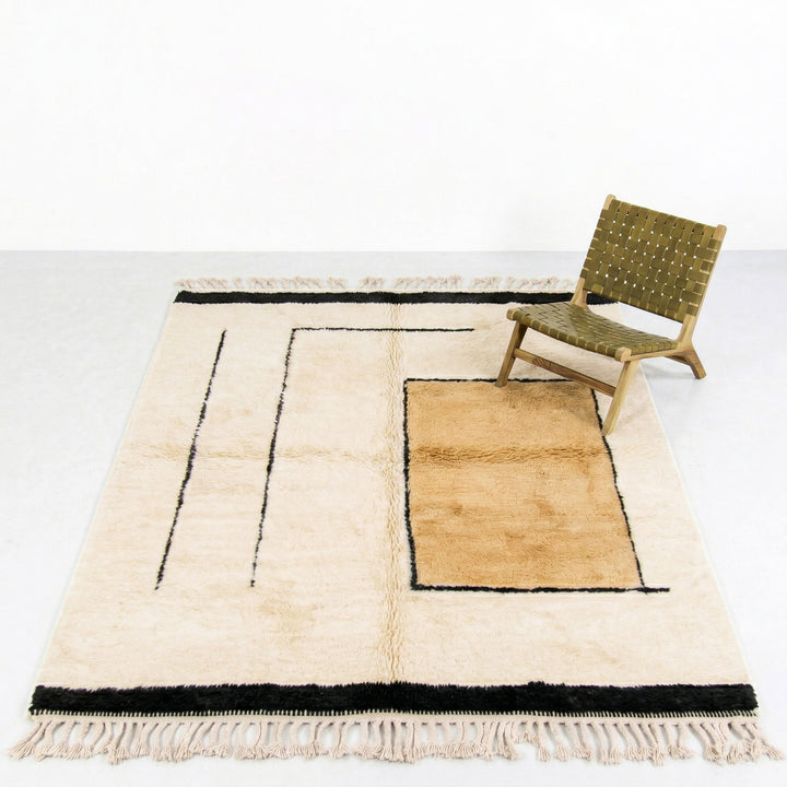 Authentic Custom Beni Ourain Rug | Minimalist Camel Color Block &amp; Black Lines