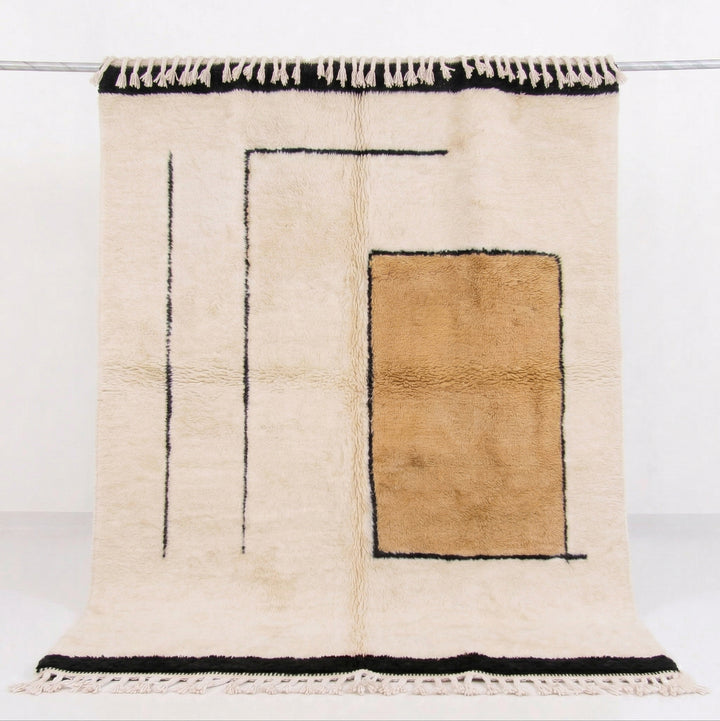 Authentic Custom Beni Ourain Rug | Minimalist Camel Color Block &amp; Black Lines