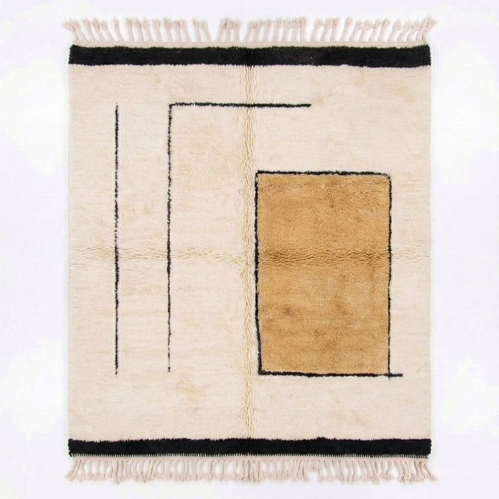Tapis Beni Ouarain sur mesure | Blocs de couleur minimalistes camel et lignes noires