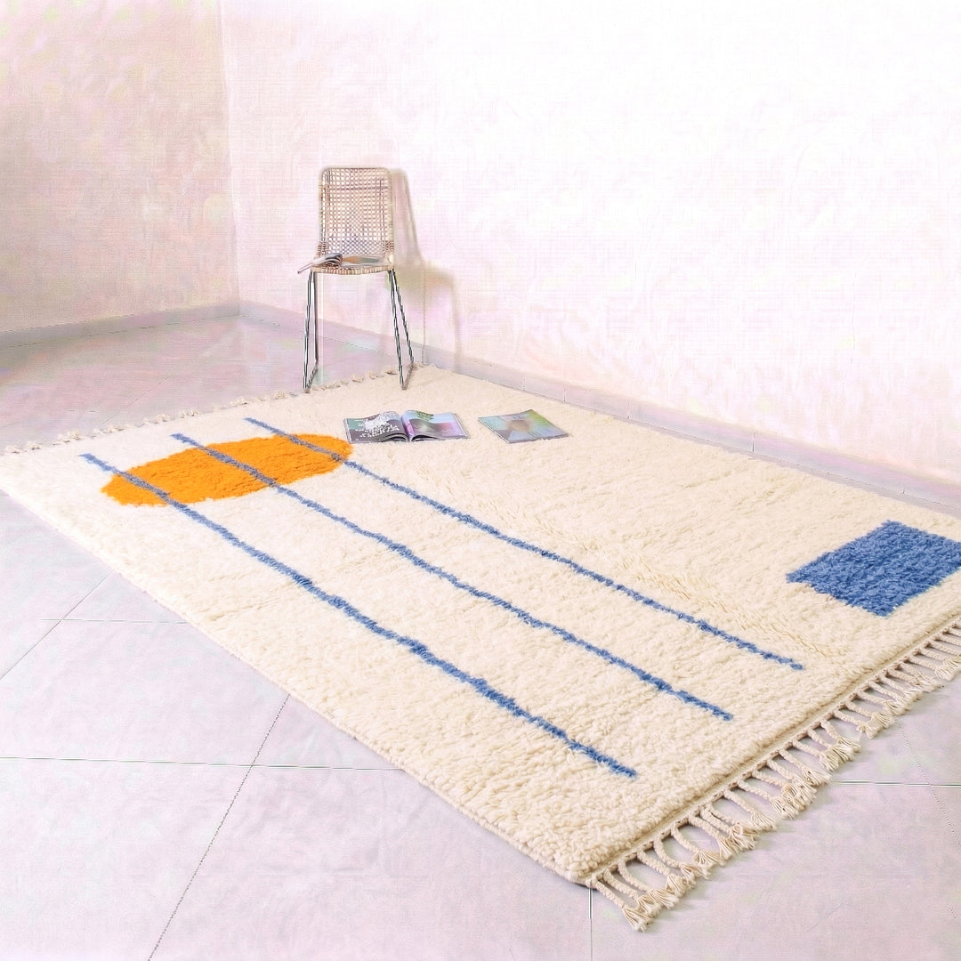 Authentic Custom Beni Ourain Rug | Modern Abstract Blue and Orange