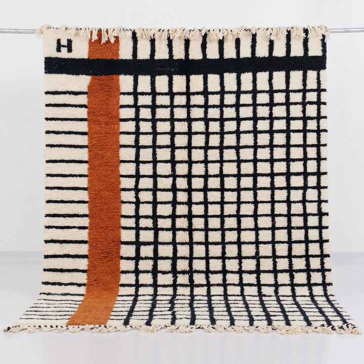 Custom Beni Ourain Rug | Modern Black Grid with Rust Orange Stripe