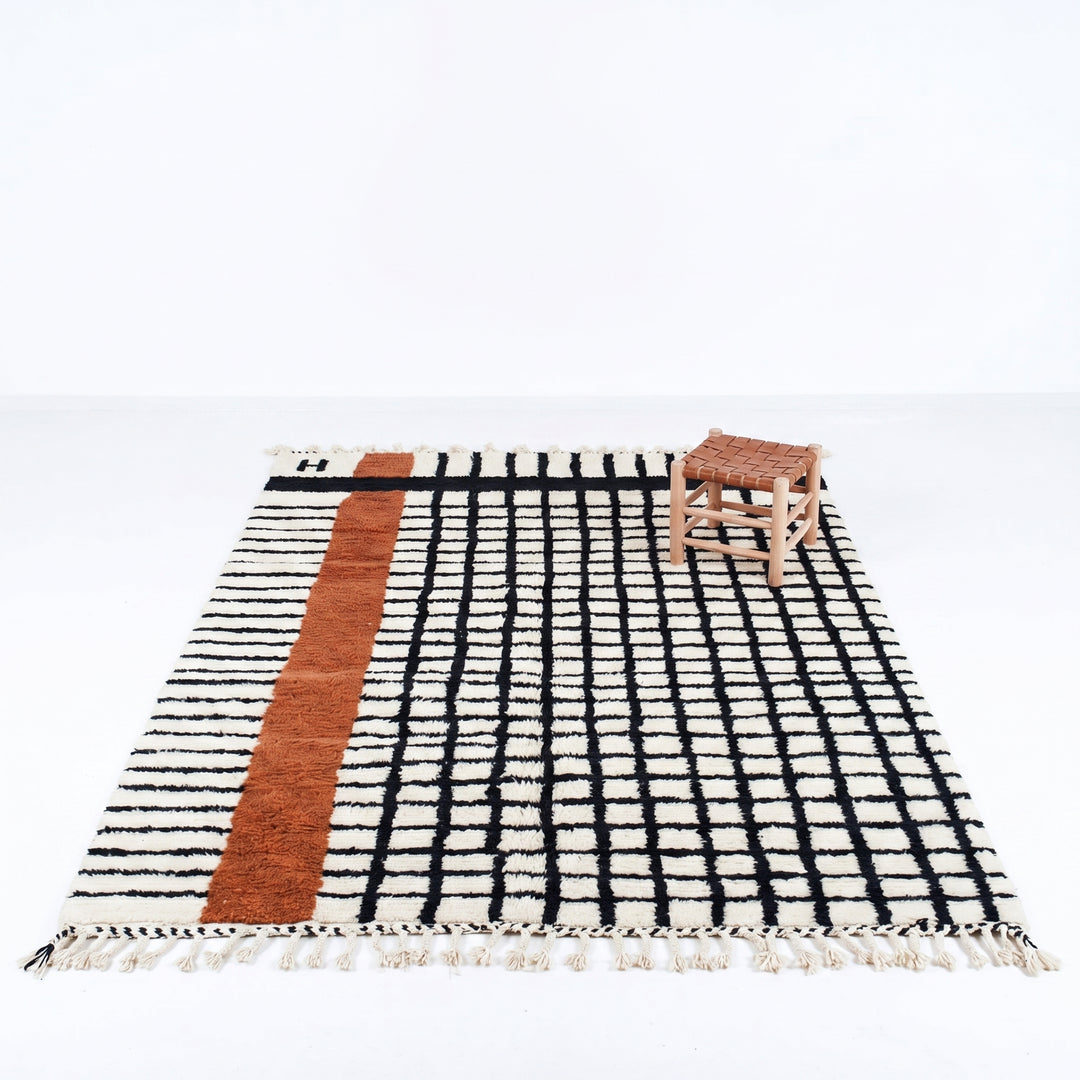 Custom Beni Ourain Rug | Modern Black Grid with Rust Orange Stripe