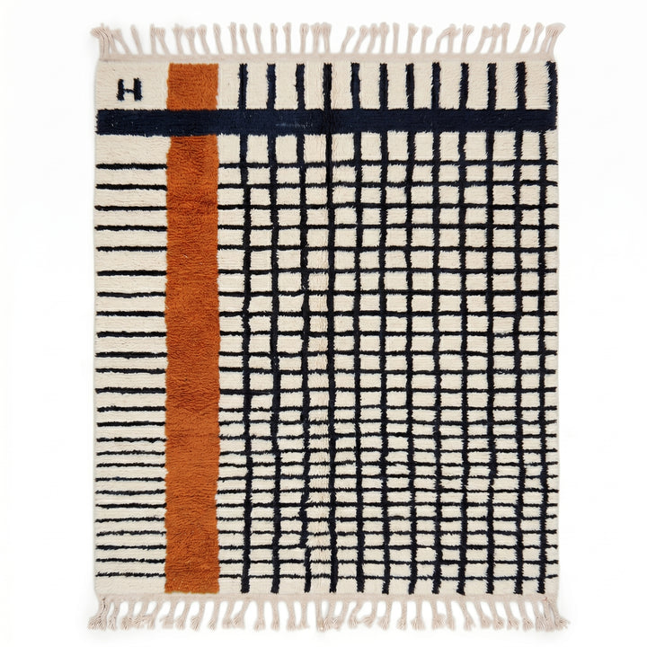 Custom Beni Ourain Rug | Modern Black Grid with Rust Orange Stripe