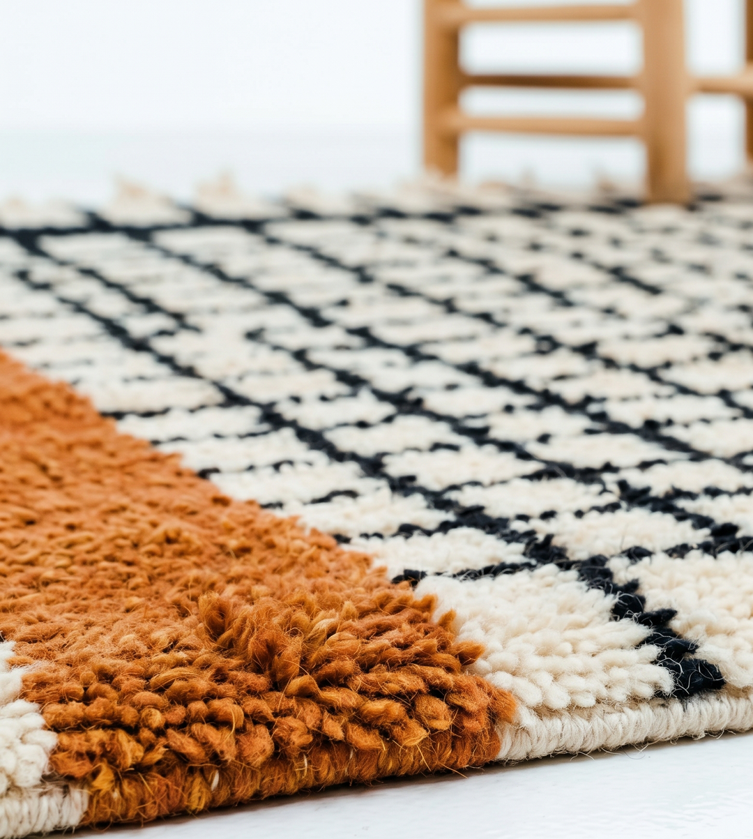 Custom Beni Ourain Rug | Modern Black Grid with Rust Orange Stripe