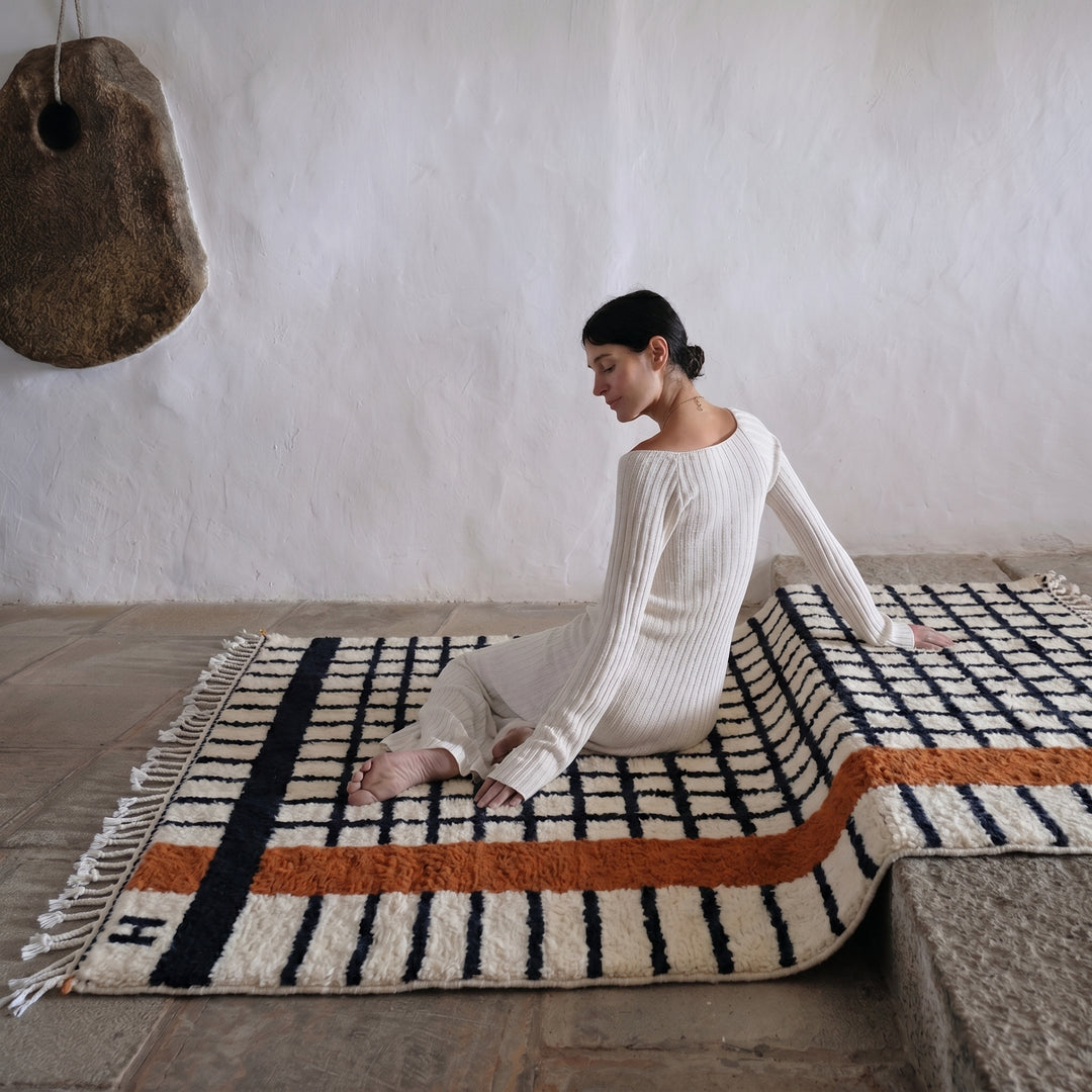 Custom Beni Ourain Rug | Modern Black Grid with Rust Orange Stripe