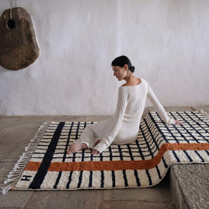 Custom Beni Ourain Rug | Modern Black Grid with Rust Orange Stripe