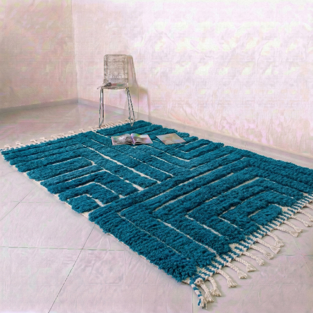 Authentic Custom Beni Ourain Rug | Modern Blue Labyrinth