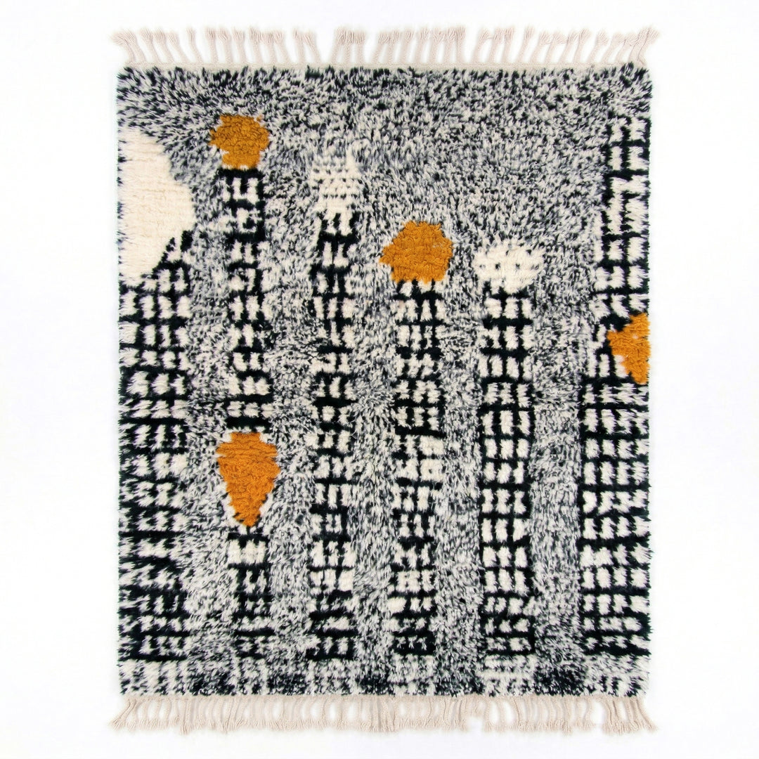 Tapis Beni Ourain personnalisé | Art géométrique moderne | Noir, blanc et orange
