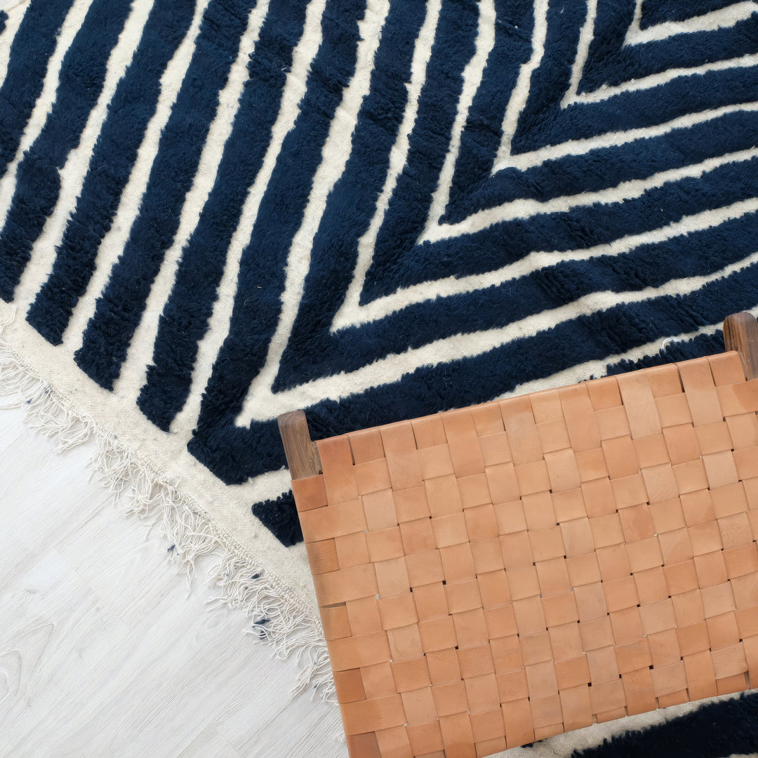 Authentic Custom Beni Ourain Rug | Navy Blue and White Chevron Geometric