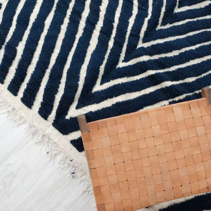 Authentic Custom Beni Ourain Rug | Navy Blue and White Chevron Geometric
