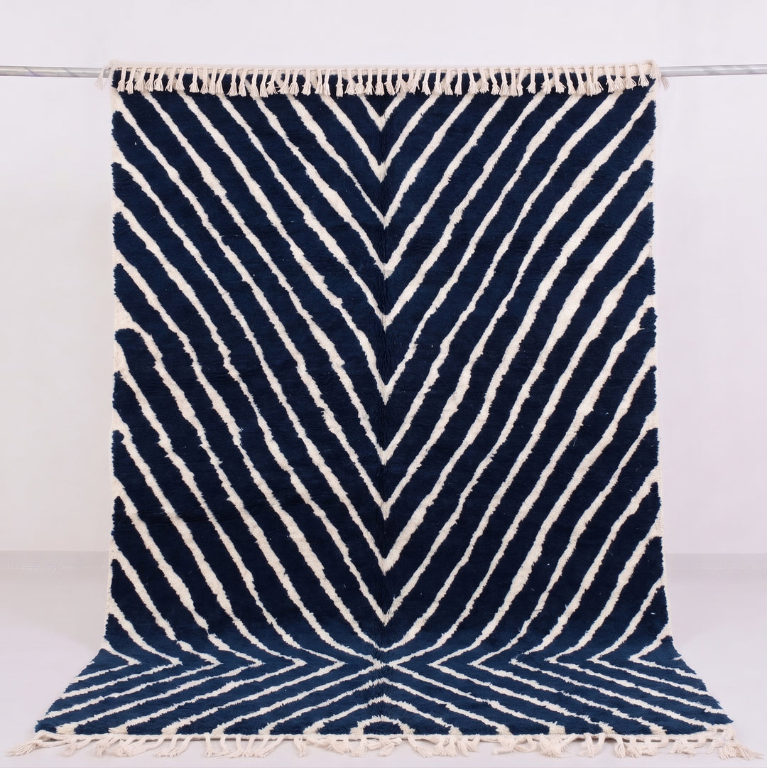 Authentic Custom Beni Ourain Rug | Navy Blue and White Chevron Geometric