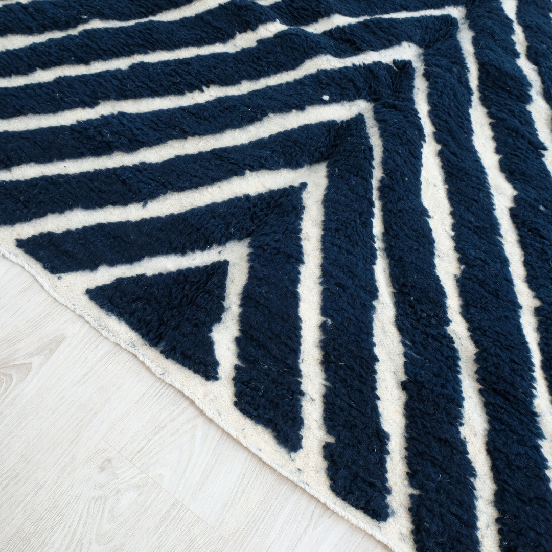 Authentic Custom Beni Ourain Rug | Navy Blue and White Chevron Geometric