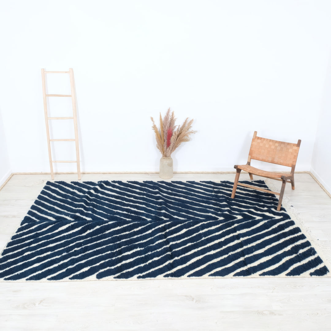 Authentic Custom Beni Ourain Rug | Navy Blue and White Chevron Geometric