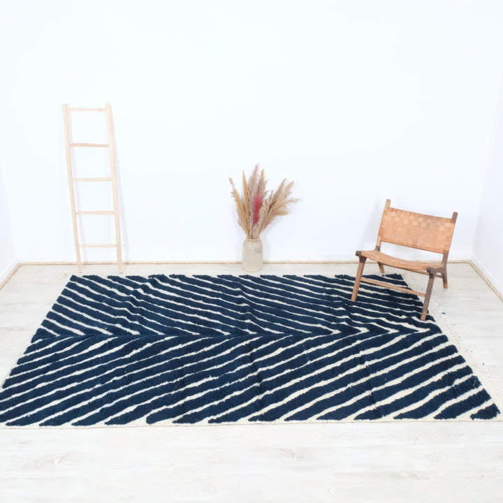 Authentic Custom Beni Ourain Rug | Navy Blue and White Chevron Geometric