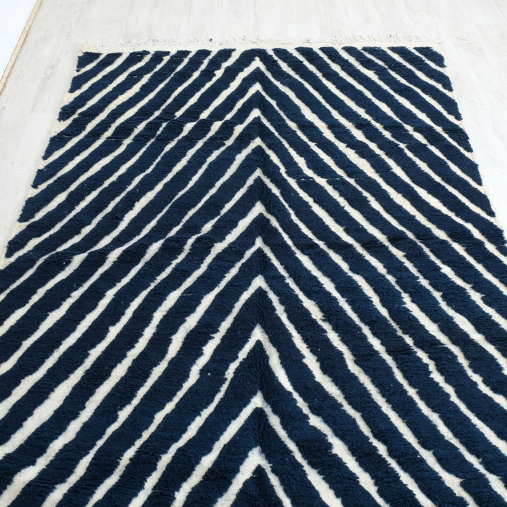 Authentic Custom Beni Ourain Rug | Navy Blue and White Chevron Geometric