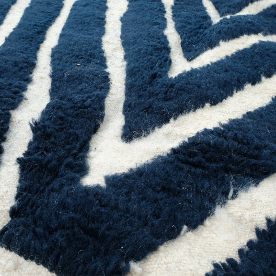 Authentic Custom Beni Ourain Rug | Navy Blue and White Chevron Geometric