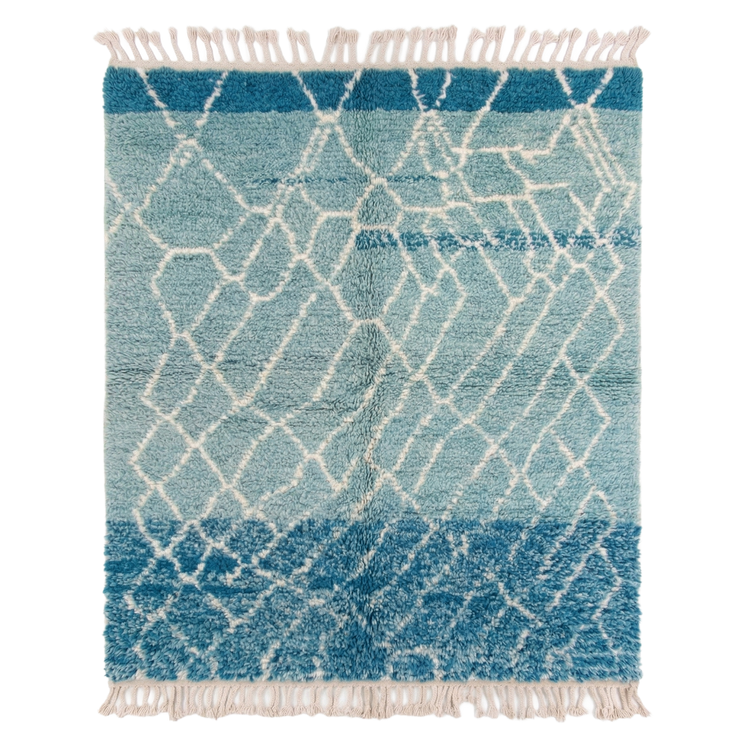 Tapis Béni Ouarain sur mesure | Poils longs bleu océan et turquoise | Treillis blanc