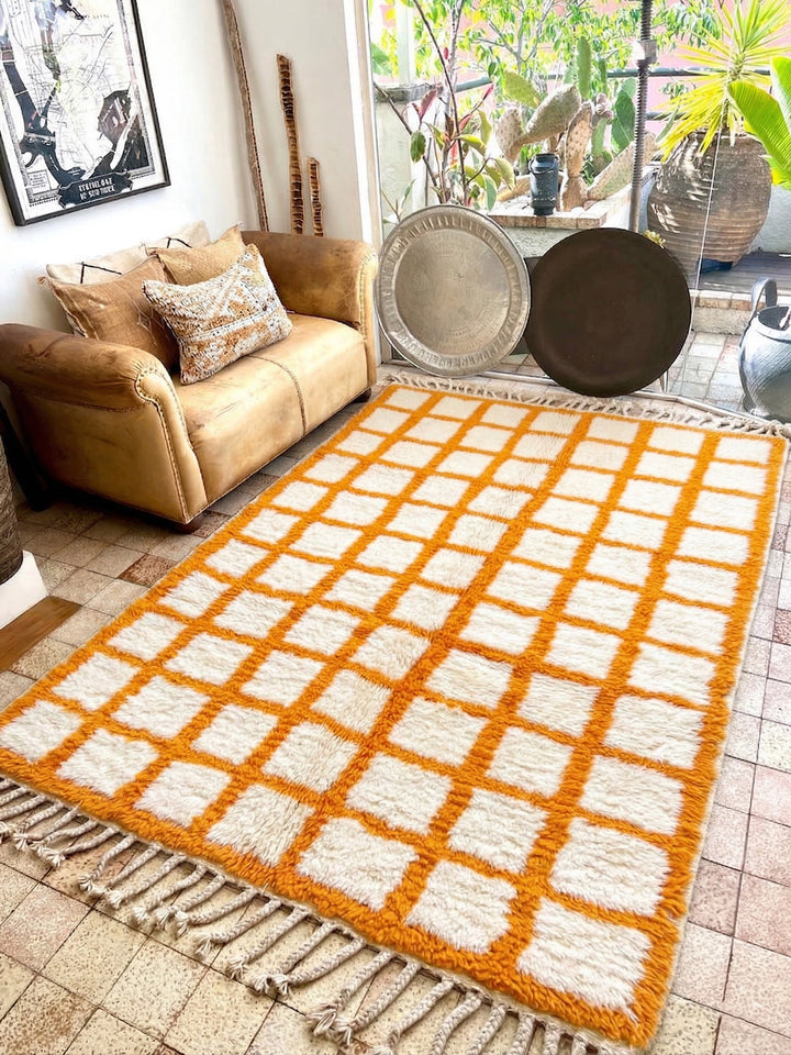 Custom Beni Ourain Rug | Orange Checkered Moroccan Wool