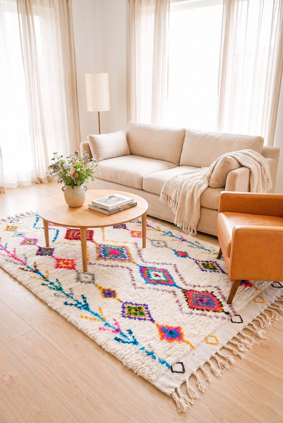 Tapis Azilal Authentique Fait Main – Style Bohème Chameau Marocain Vibrant