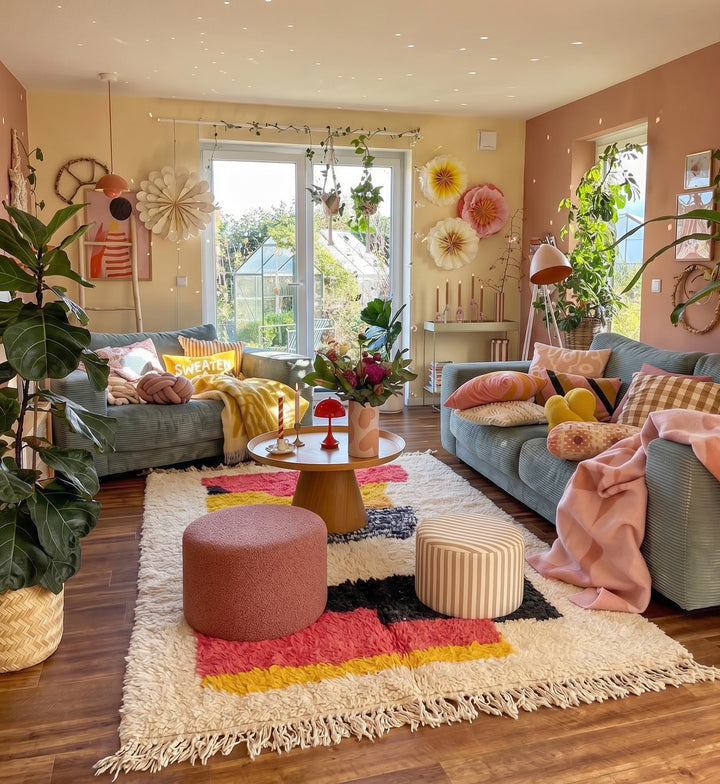 Custom Beni Ourain Rug | Plush Cream and Coral and Mustard Wool
